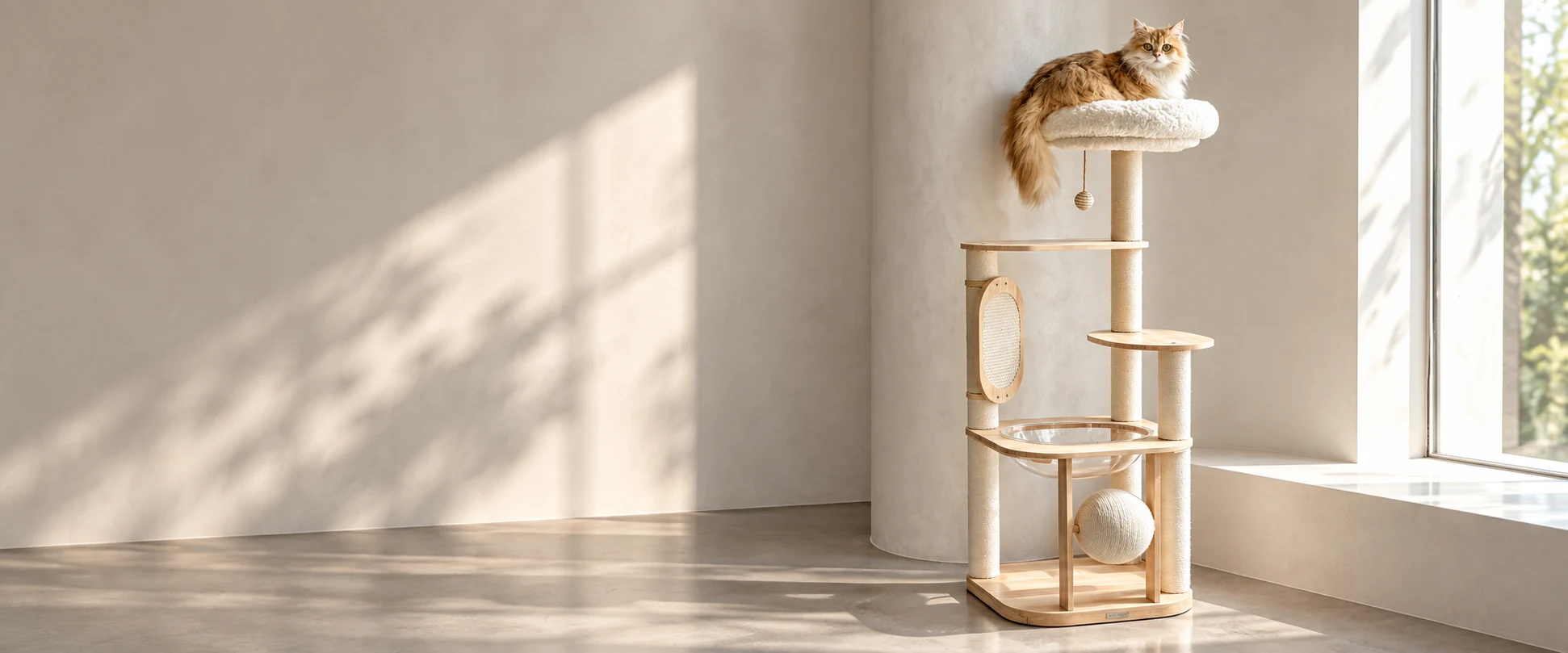 Cat resting on a tall multi-level cat tree beside a window.