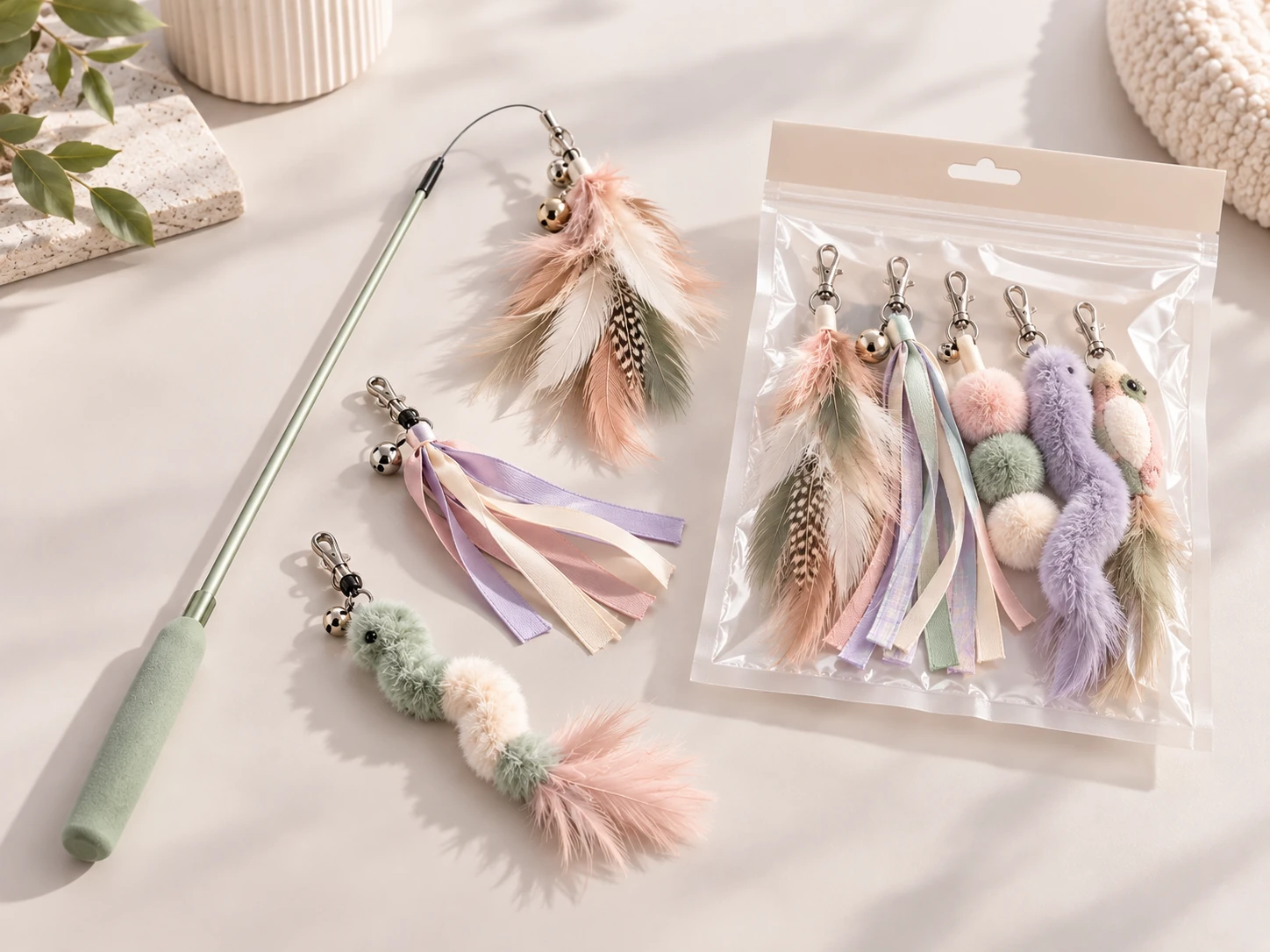 Cat wand with matching replacement attachment refill pack.