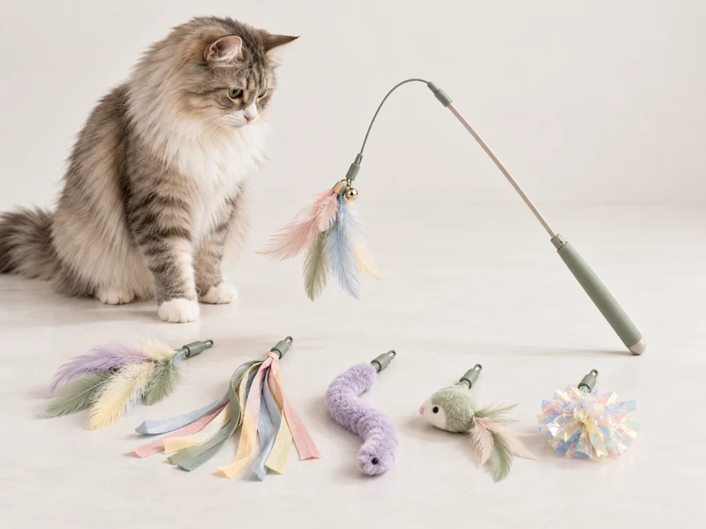 Cat wand with matching replacement toy attachments.