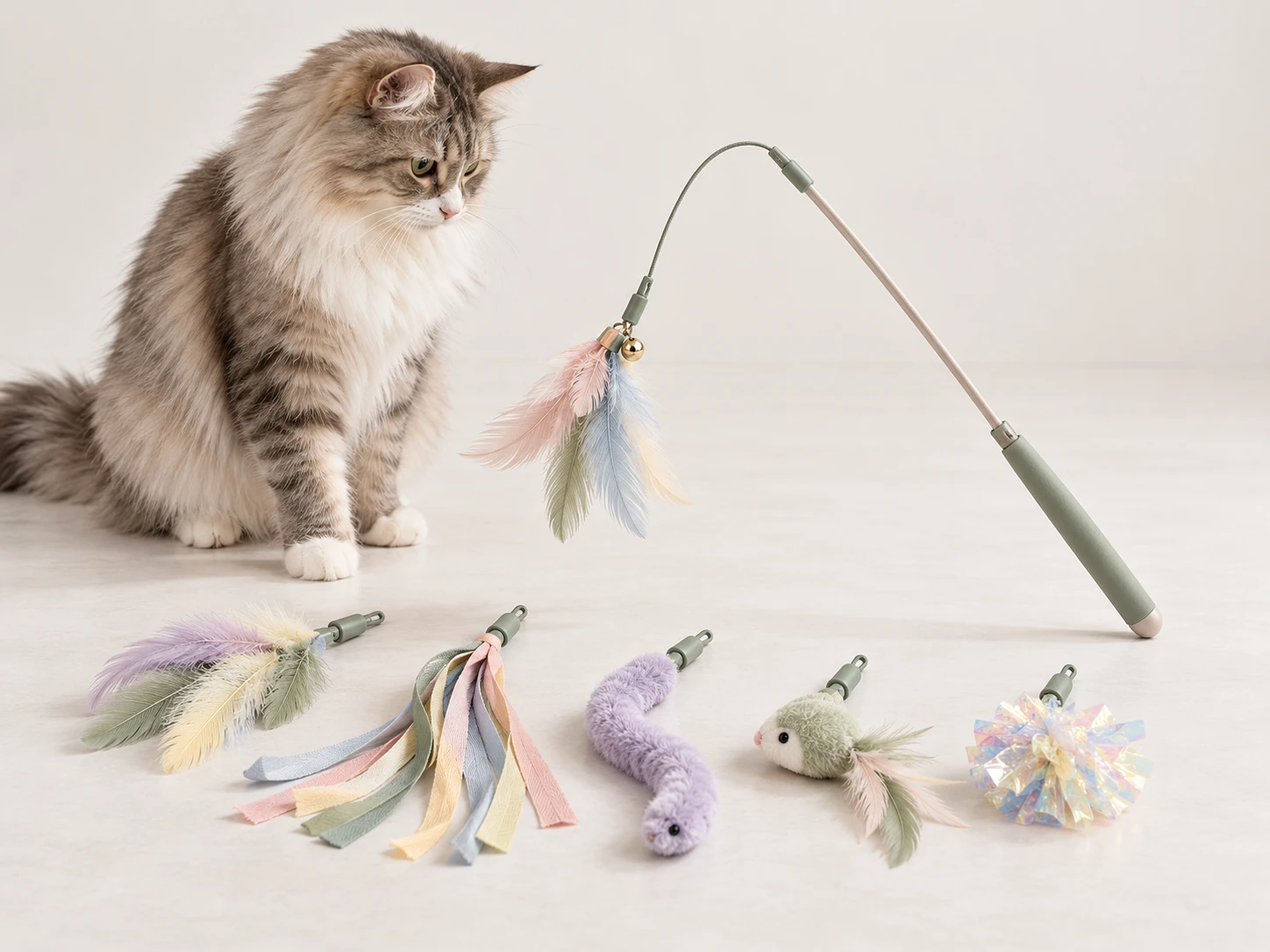 Cat wand with matching replacement attachments in several toy styles.