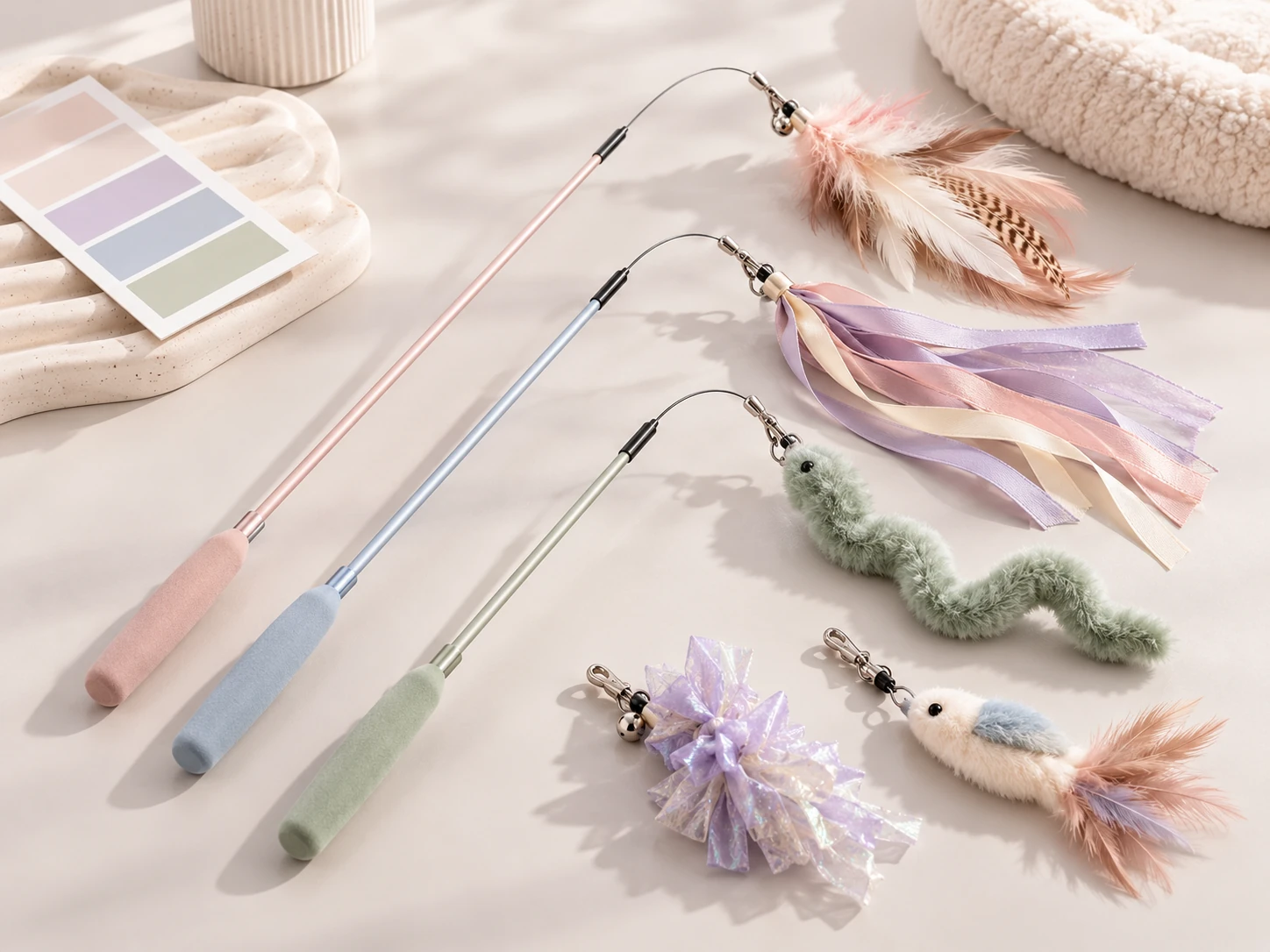 Cat wand samples fitted with different replacement attachments.