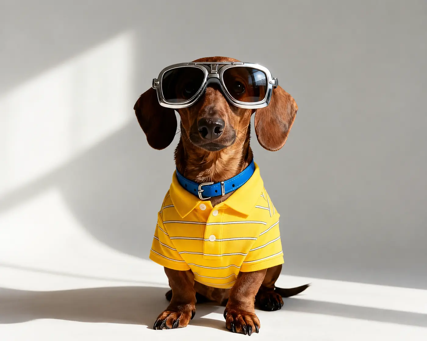 Dog wearing pet apparel and sunglasses.