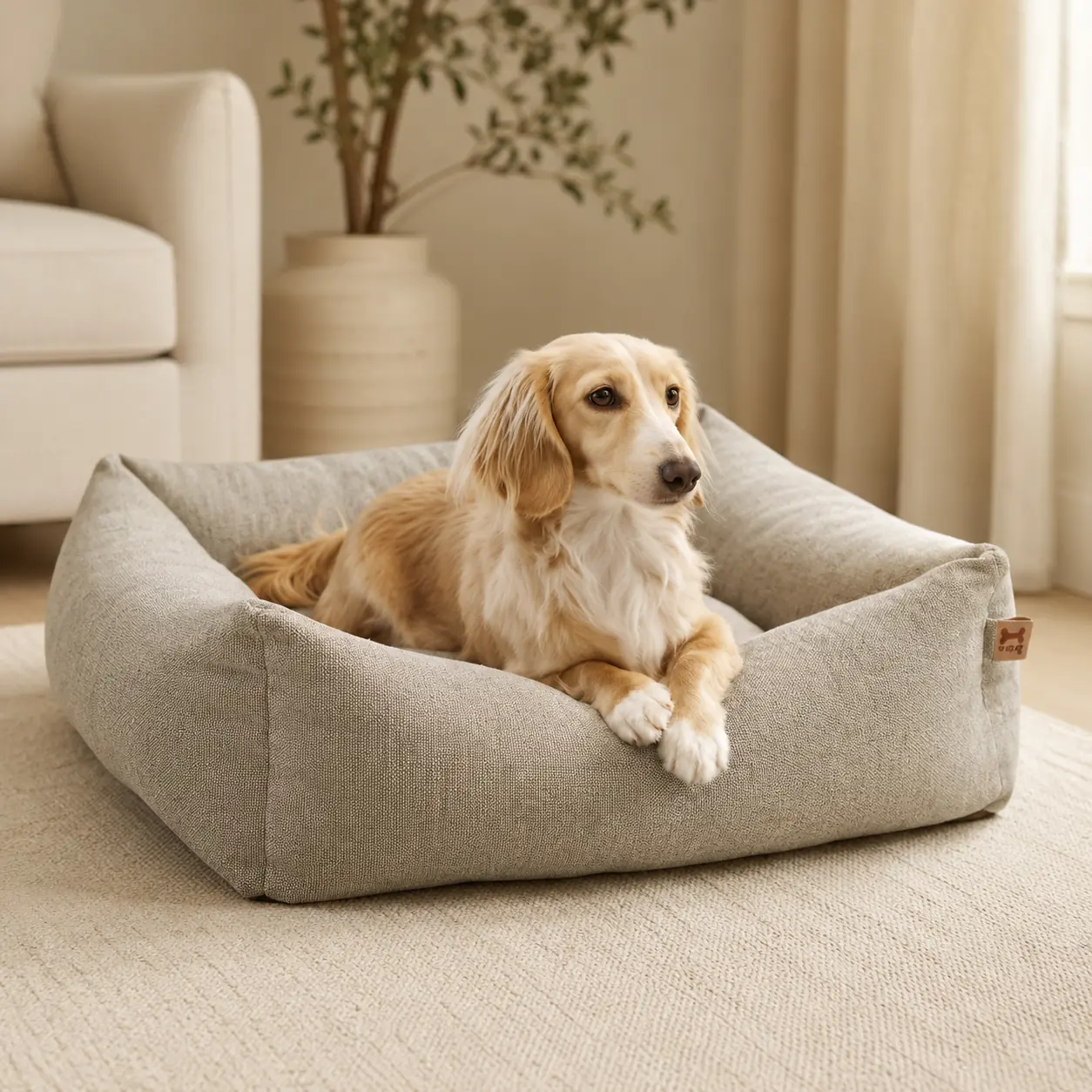 Golden retriever resting in a rectangular dog bed with raised sides