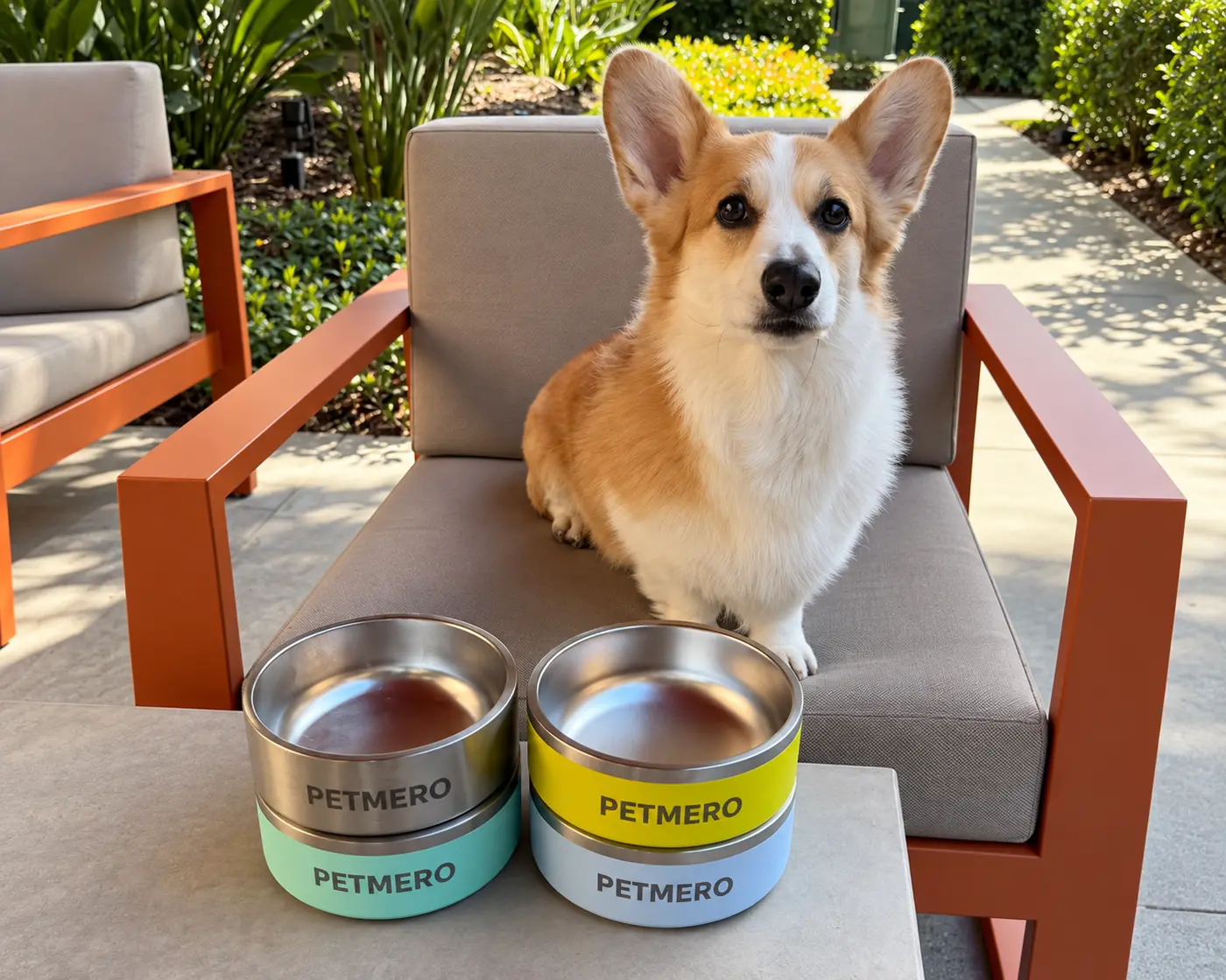 Corgi beside two metal dog bowls.