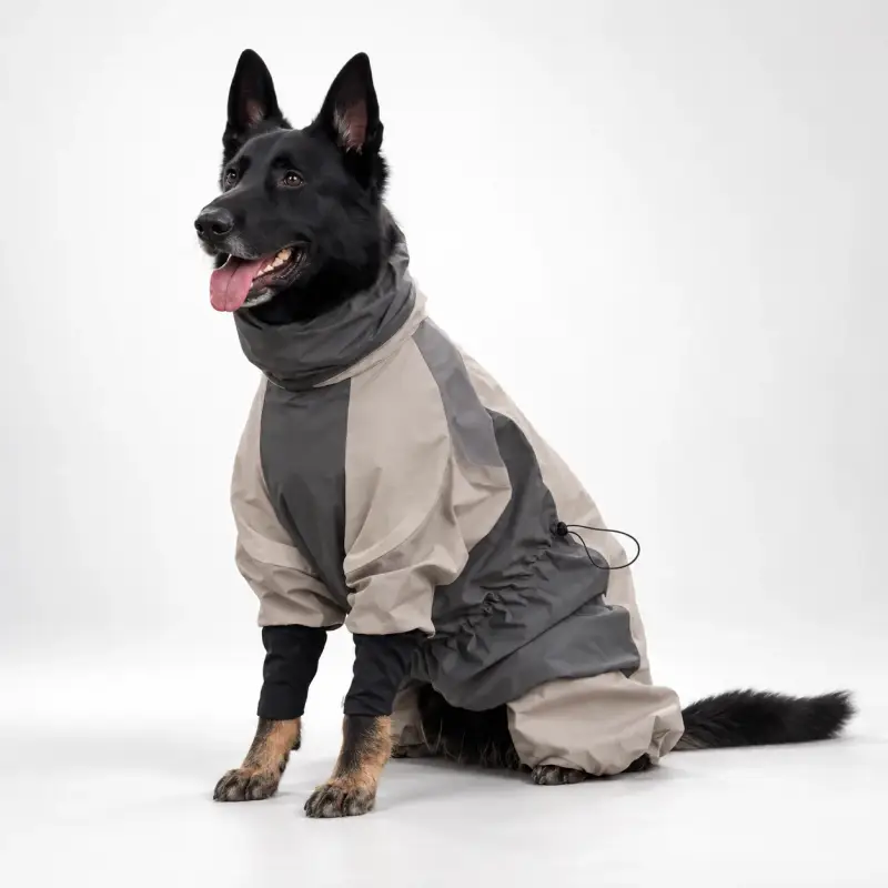 Dog wearing a beige and charcoal full body coat.