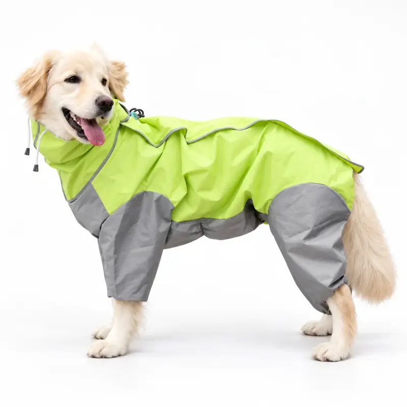 Dog wearing a lime and grey full body coat.