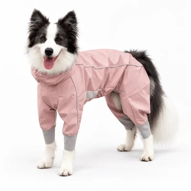 Dog wearing a pink full body coat.