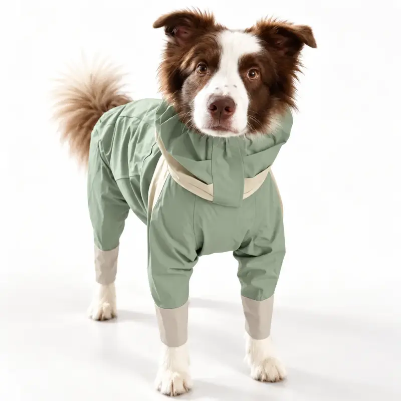 Dog wearing a sage coat with pale leg cuffs.