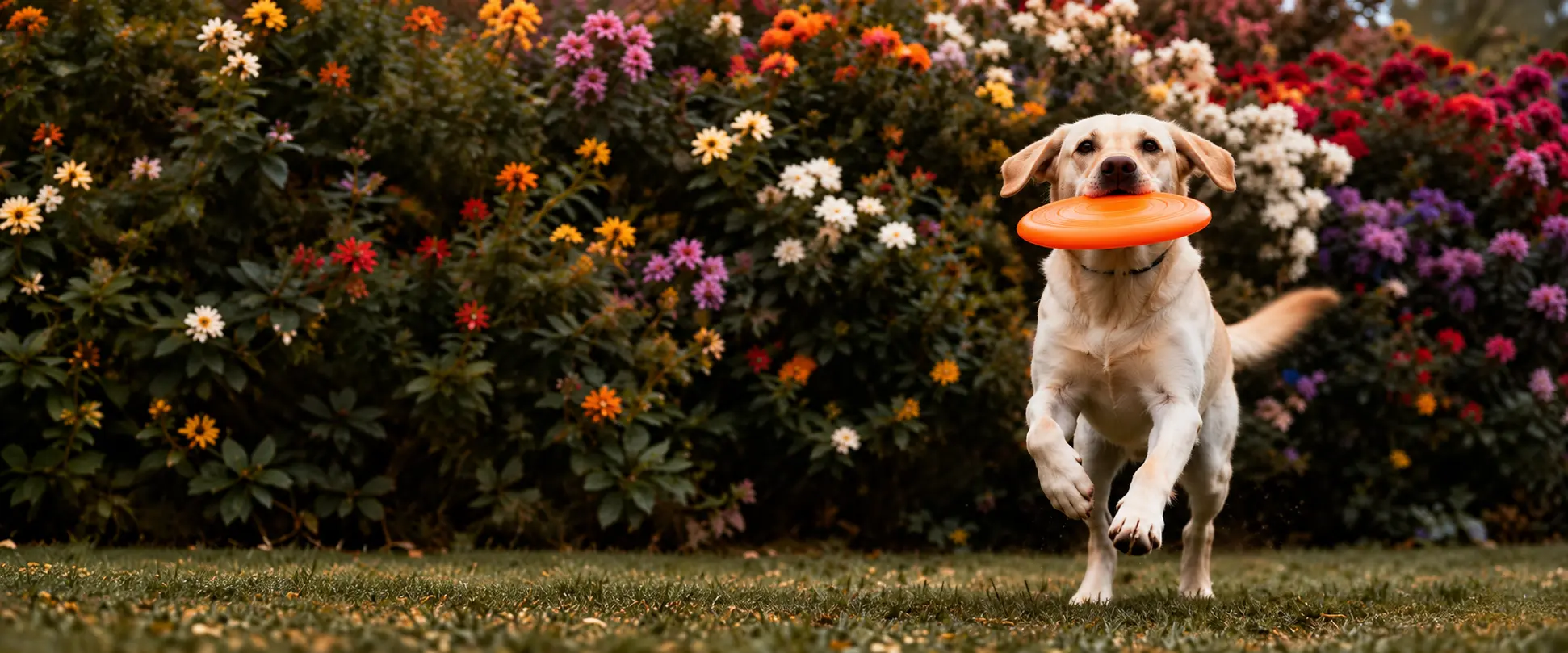 Dog running with an orange flying disc in a flower garden.
