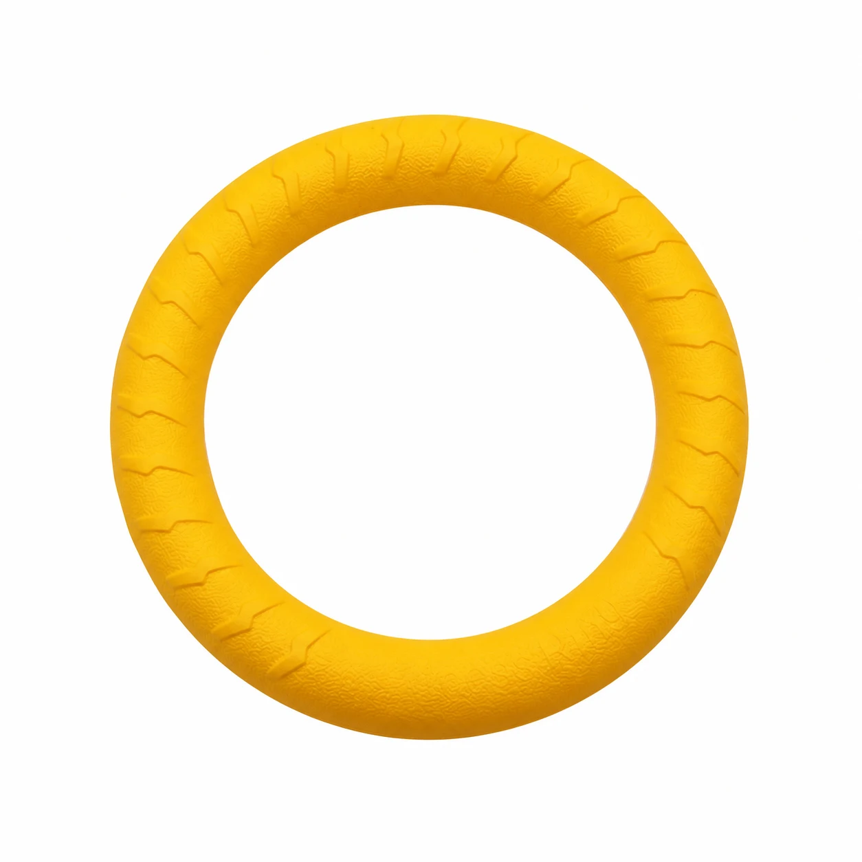 Yellow textured dog fetch ring.