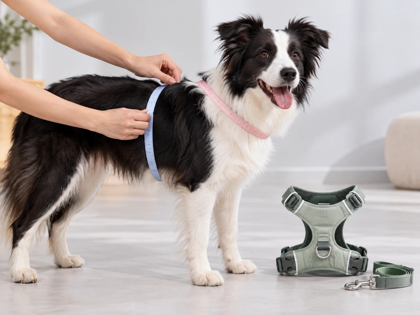 Border collie having its body measured with a tape beside a dog harness.
