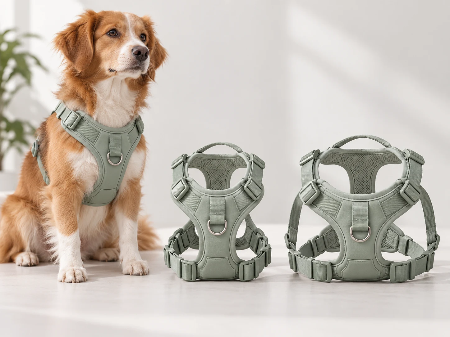 Dog harness samples in different sizes beside a dog wearing the same harness design.