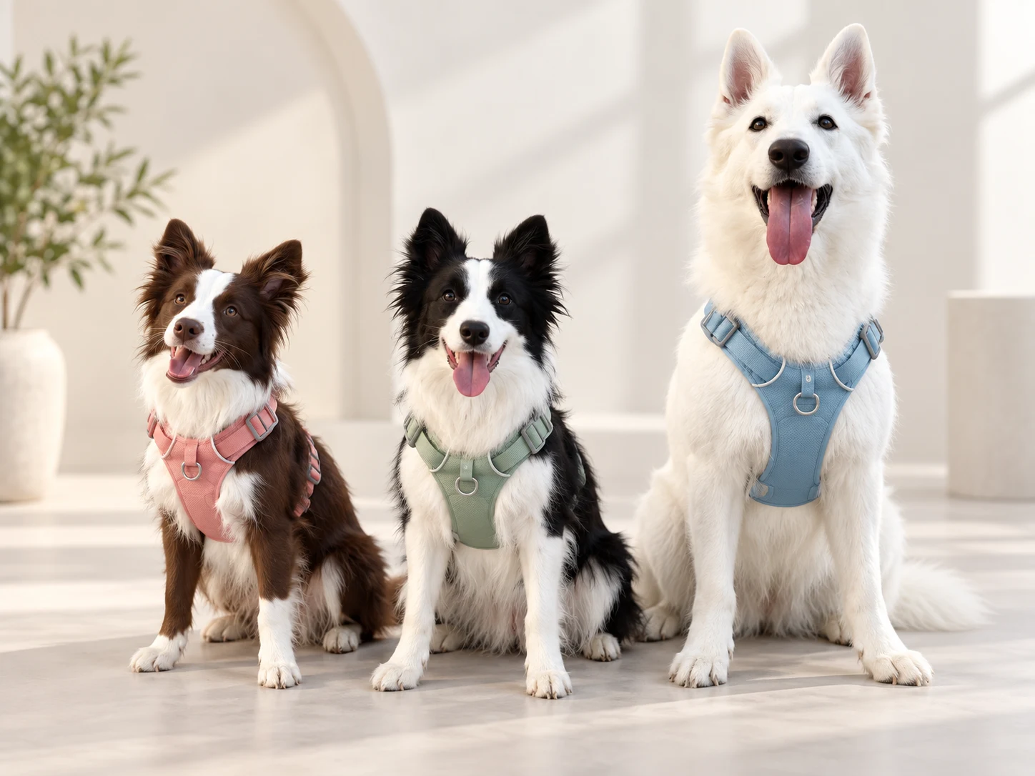 Dog harness size range with three dogs wearing adjustable harnesses.