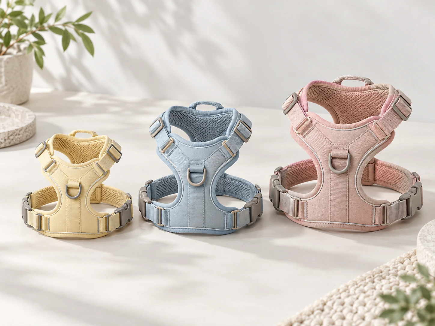 Yellow, blue and pink dog harness samples displayed for sample review.