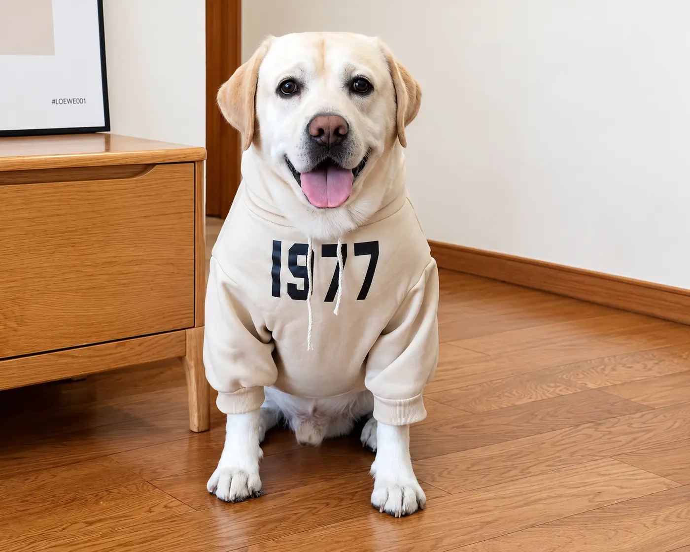 Labrador wearing a dog hoodie indoors.