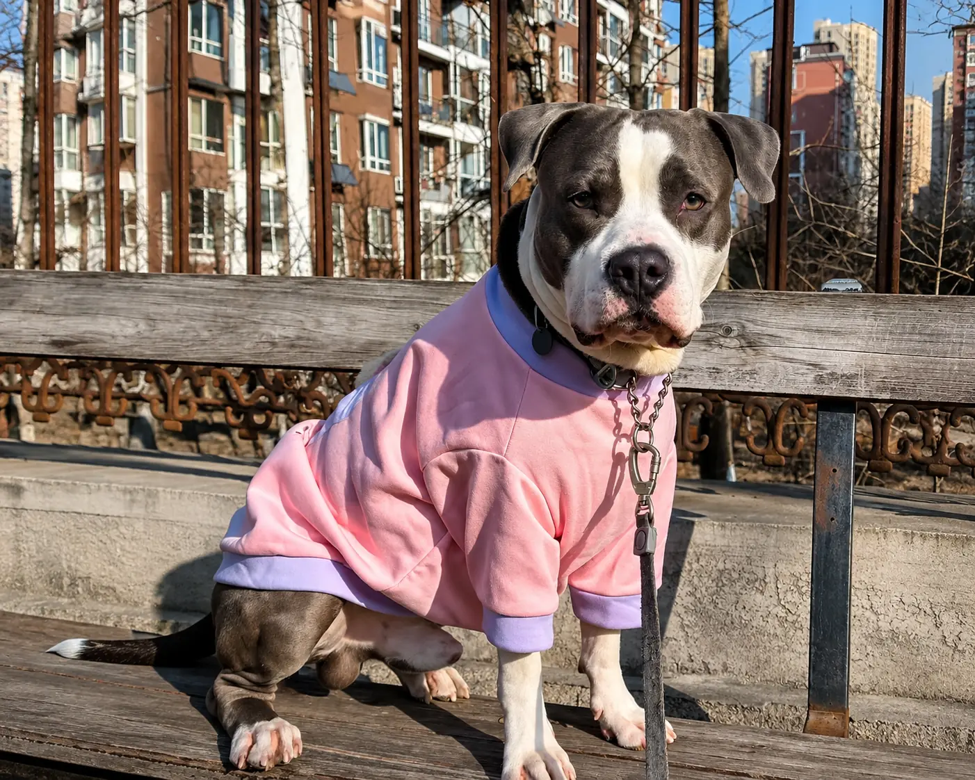 Dog wearing a pink hoodie outdoors.