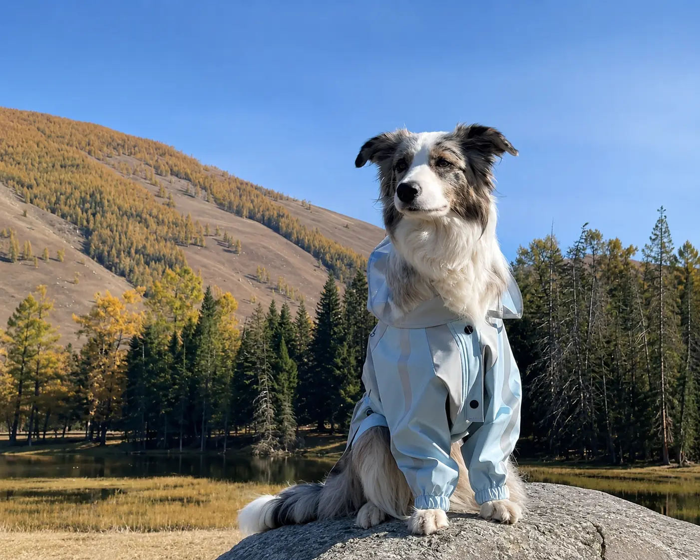 Dog wearing a pale blue outdoor jacket in a mountain landscape.
