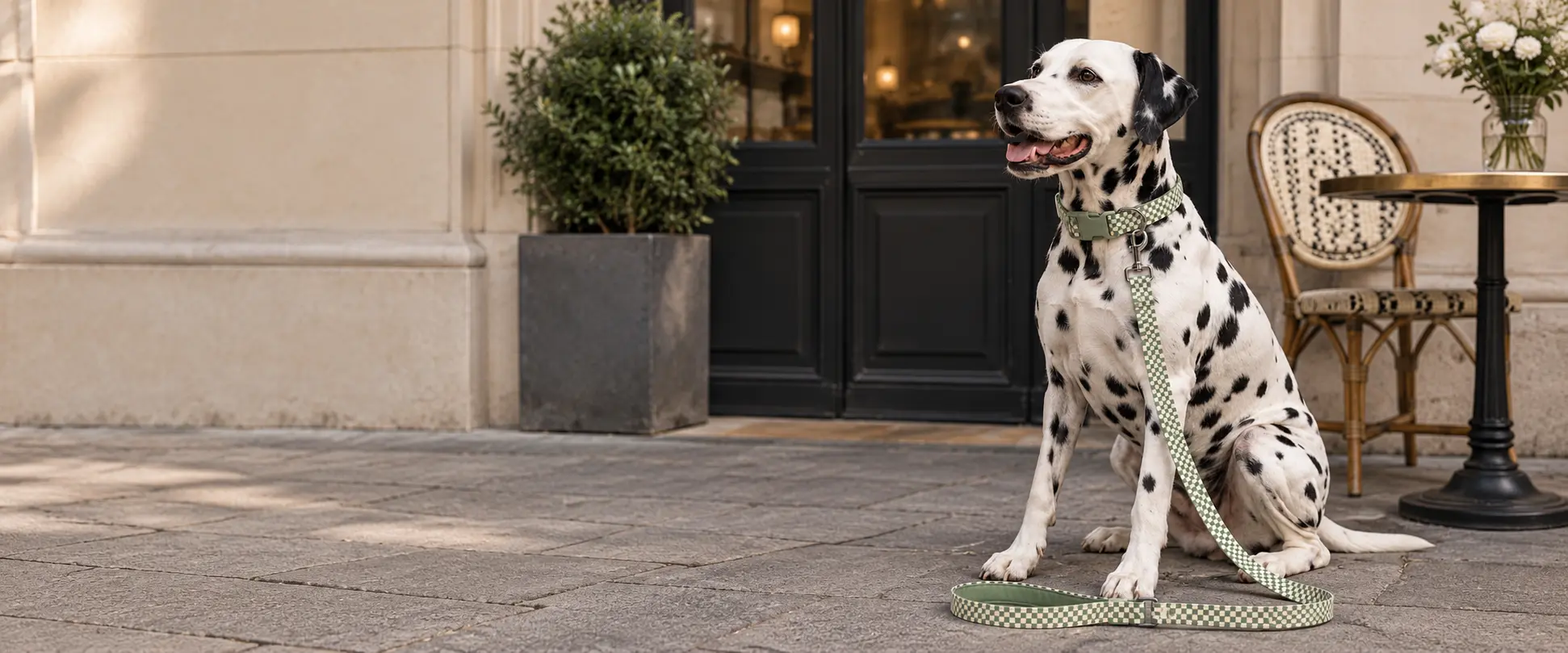 Dalmatian sitting beside a patterned dog leash.