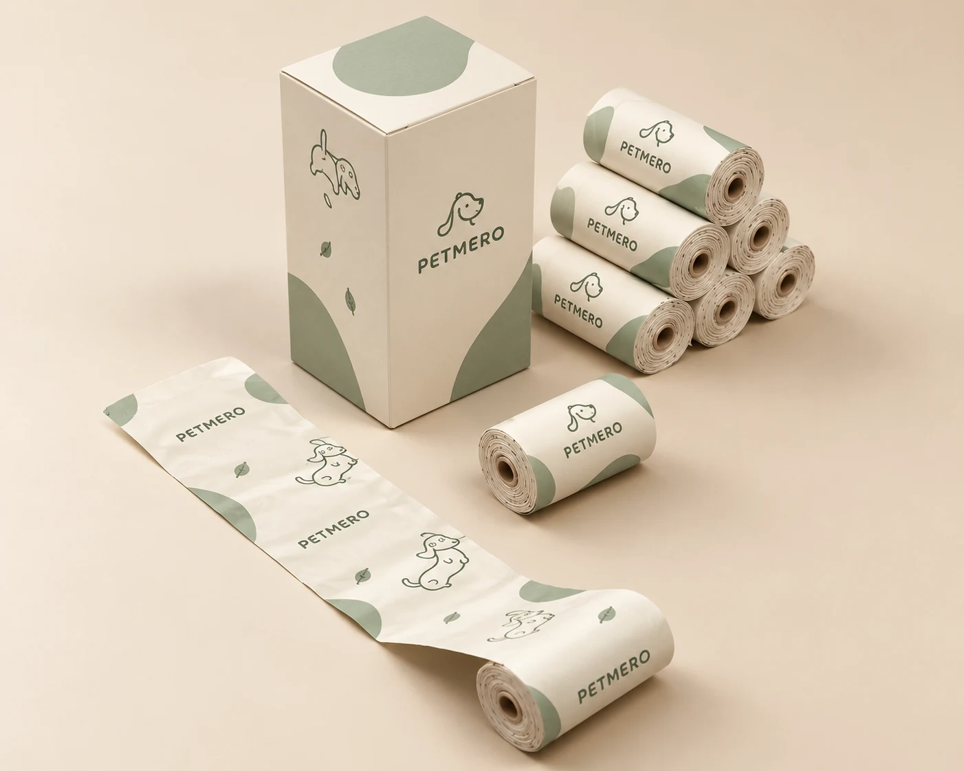 Dog poop bag rolls with packaging and a dispenser.