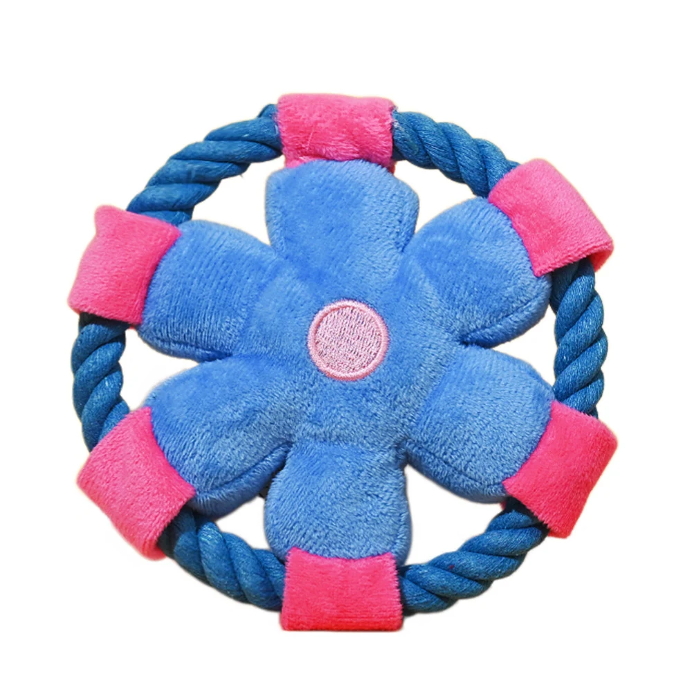Blue flower-shaped dog rope ring with pink tabs.