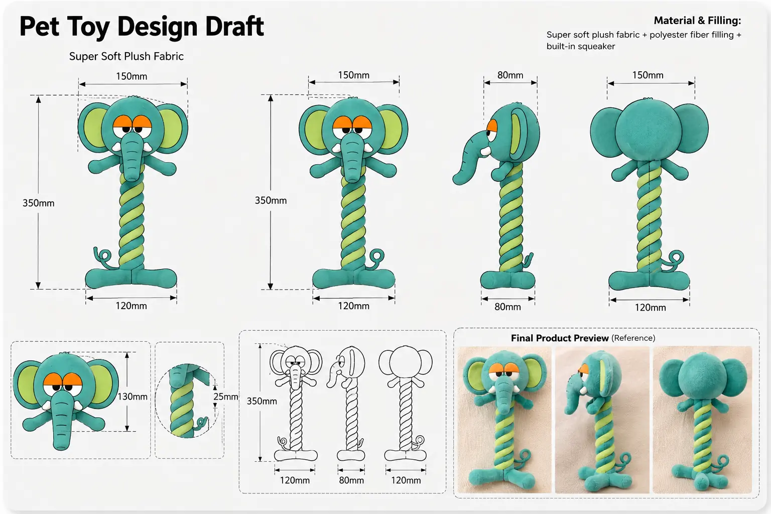 Elephant-shaped dog rope toy design sheet showing dimensions and construction views.