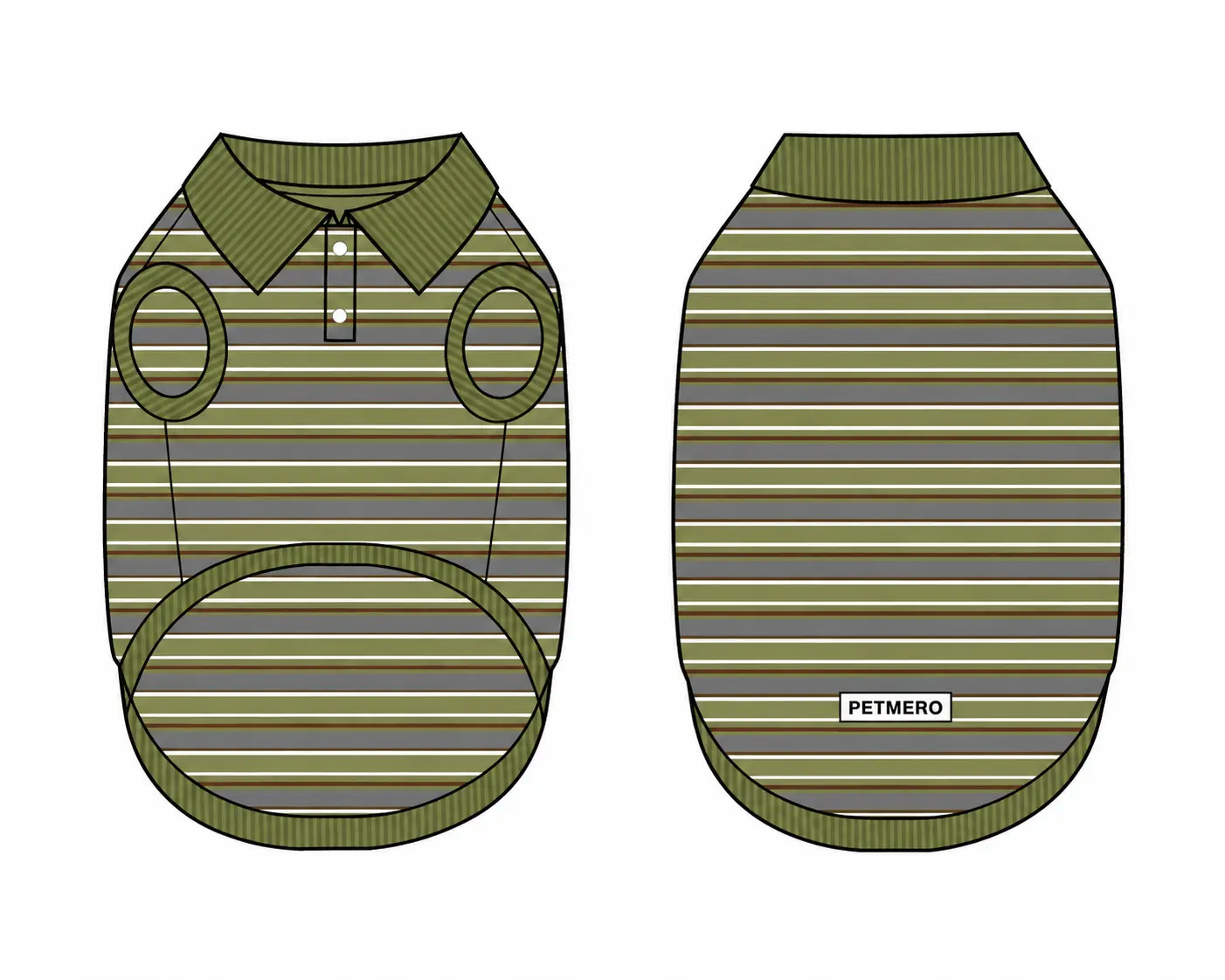Front and back artwork for a green striped dog shirt.