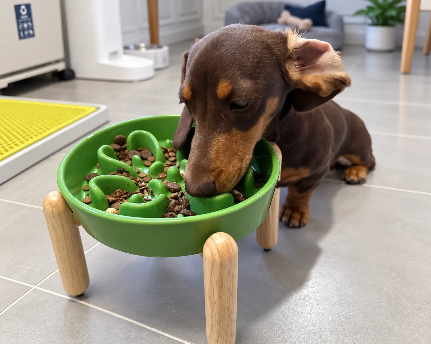 Dachshund eating from a raised green dog slow feeder bowl.