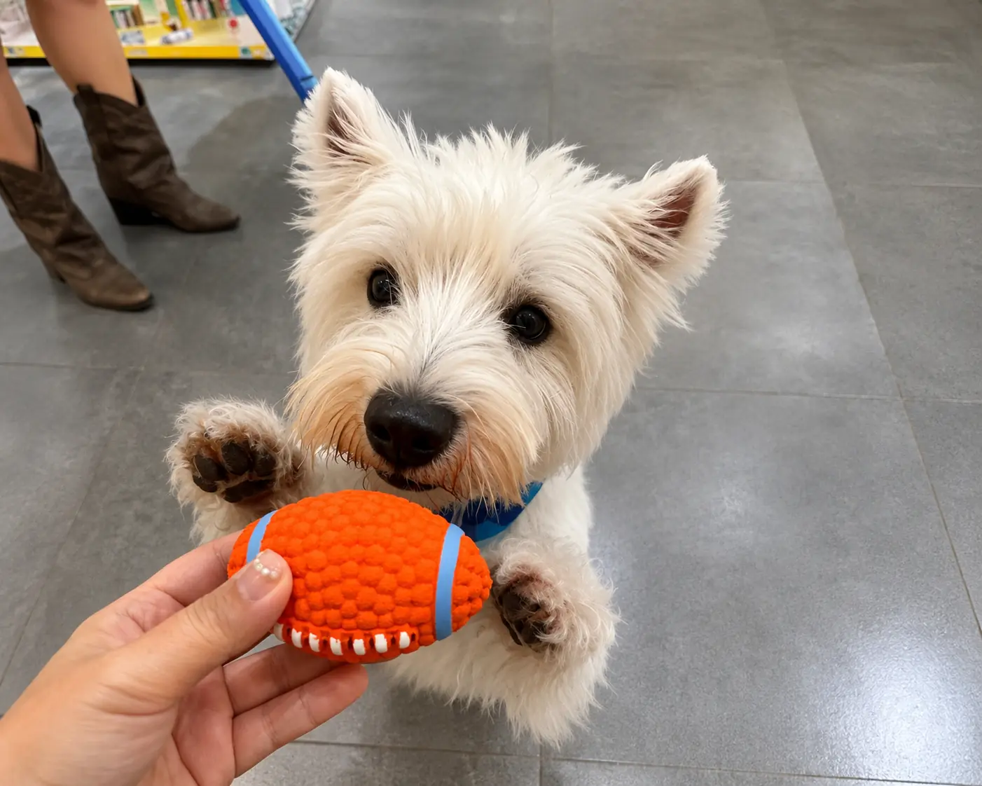 Small white dog holding an orange and blue textured dog toy.