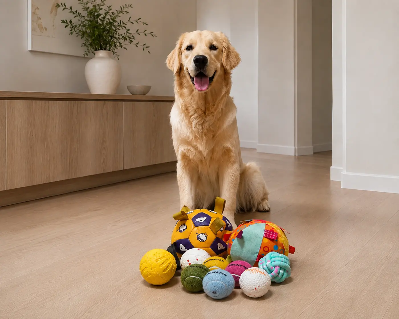 Golden retriever with assorted dog toys.