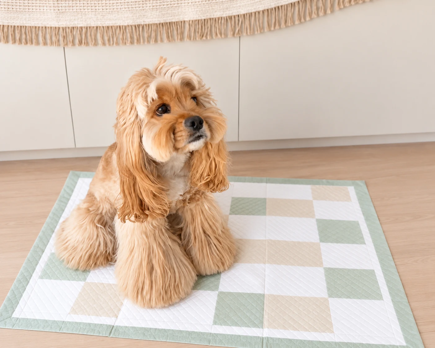 Small dog sitting on a pale green patterned dog training pad.