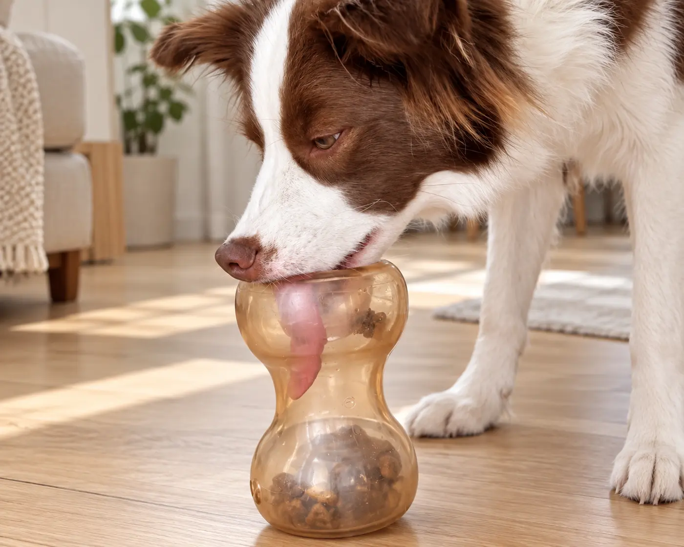 Dog using a transparent interactive treat toy.