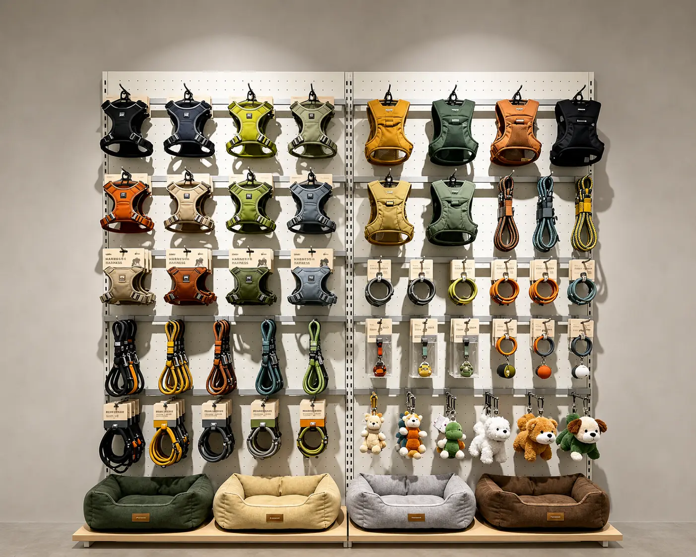Wall display of dog harnesses, collars and leashes with pet beds underneath.