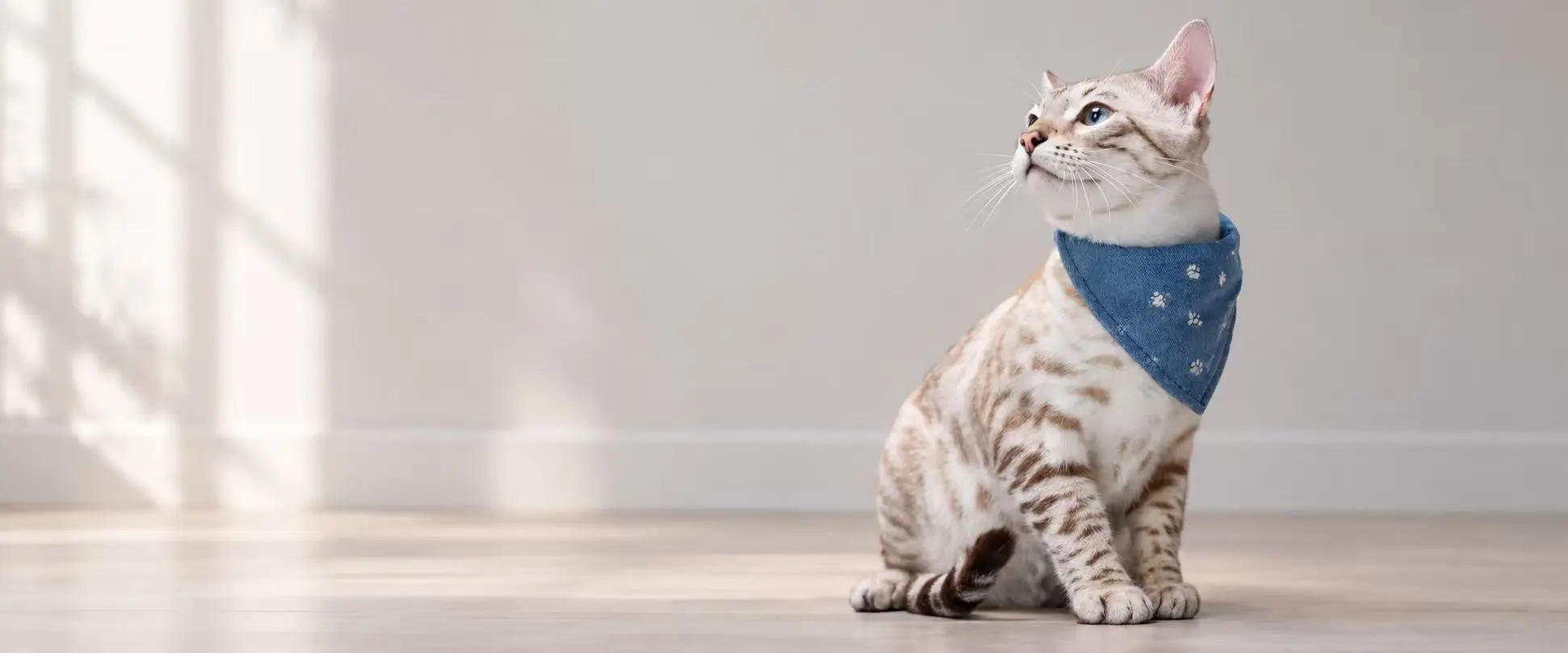 Cat wearing a blue pet bandana in a softly lit interior.