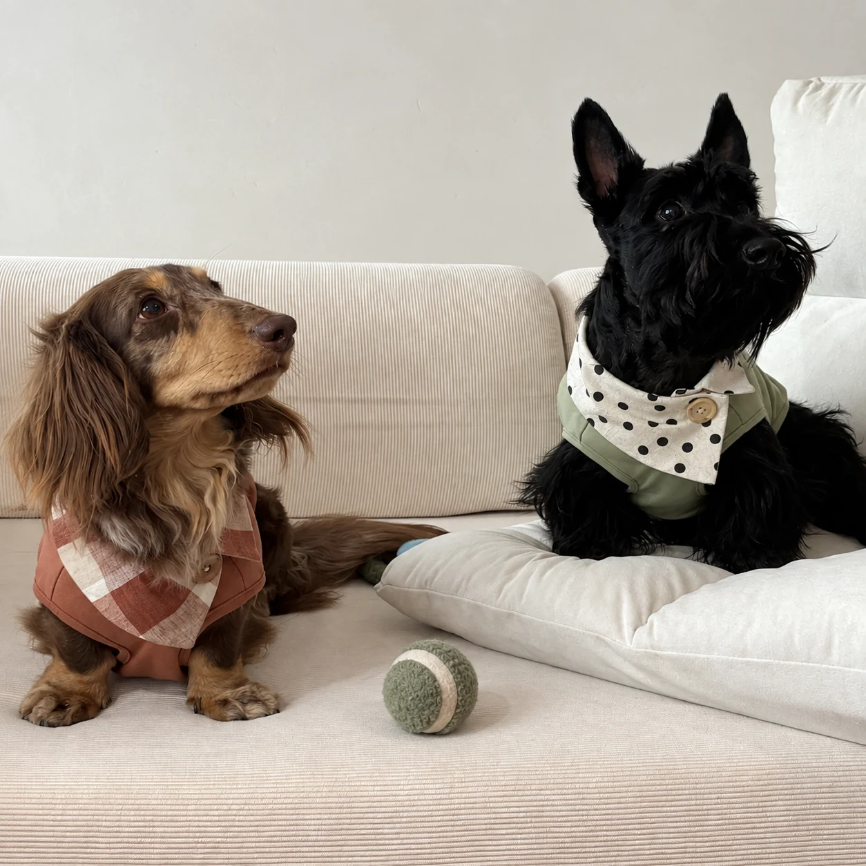 Two dogs wearing bandanas on a sofa beside a green ball.