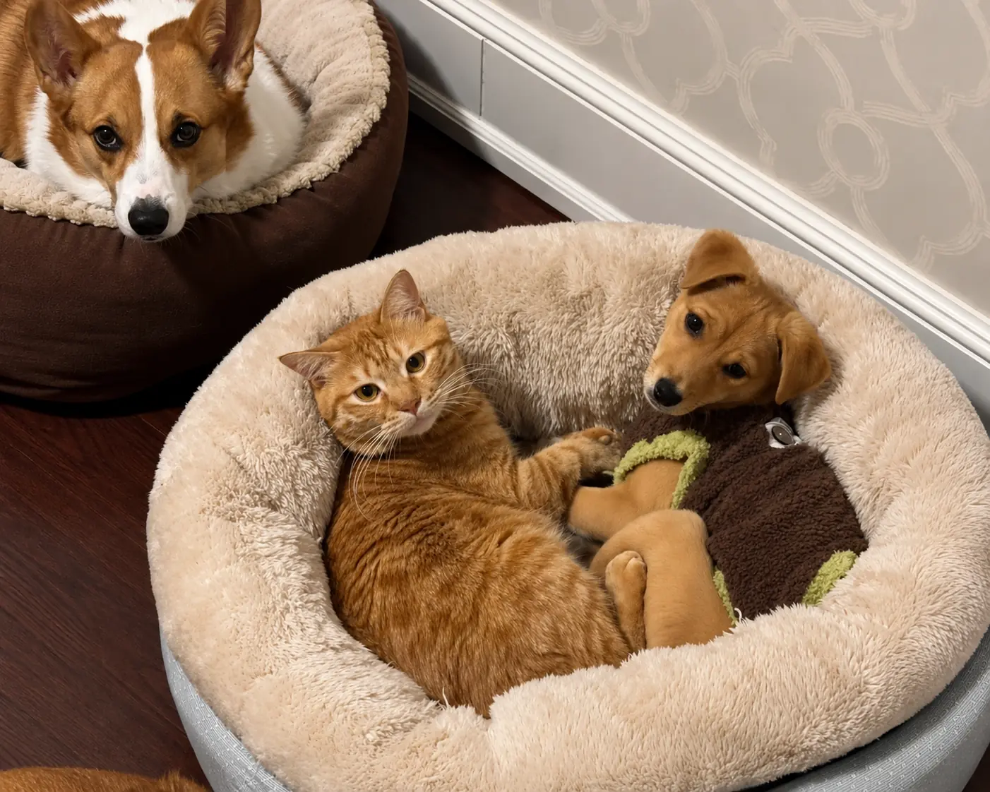 A cat and a small dog resting together in a round pet bed, with another dog beside them.