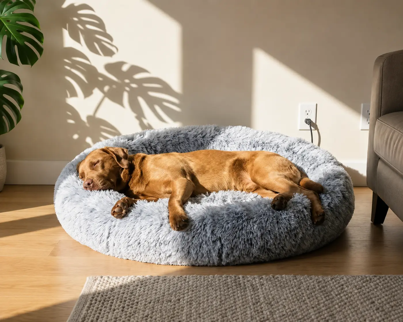 Dog resting in a pet bed at home.