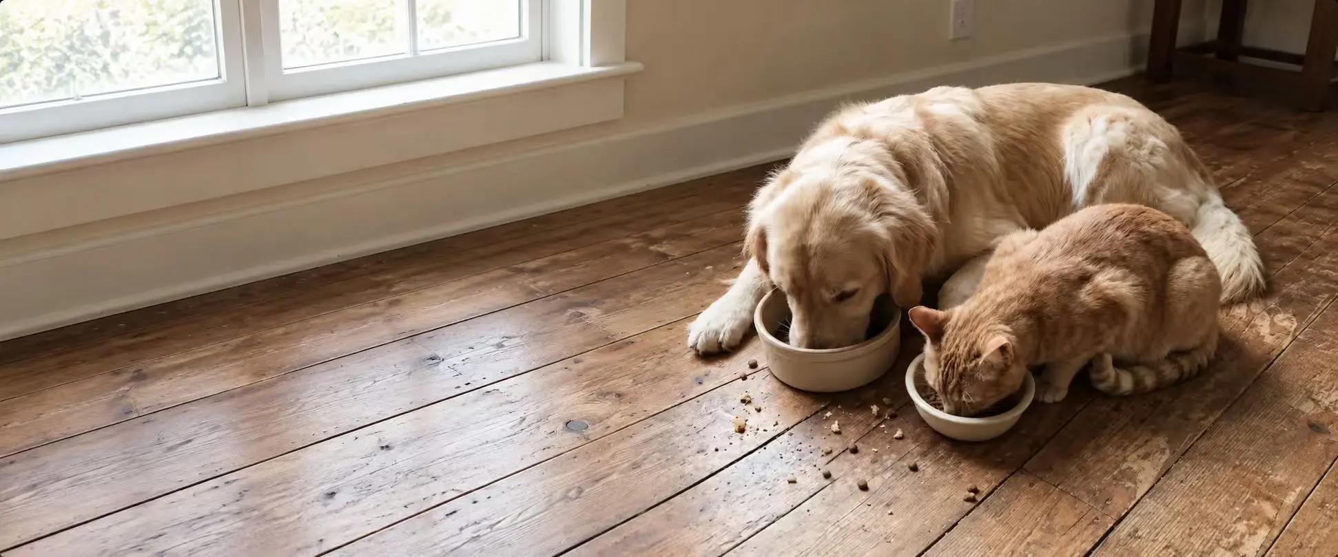 Dog and cat eating from separate pet bowls at home.