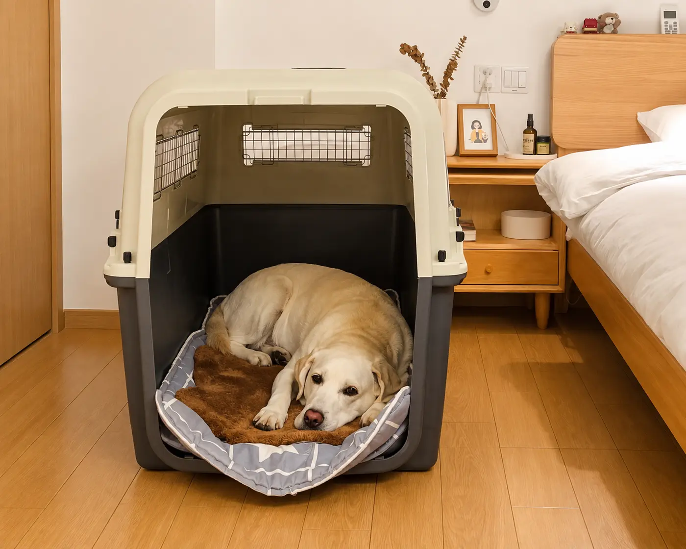 Labrador resting inside a hard-shell pet travel carrier.