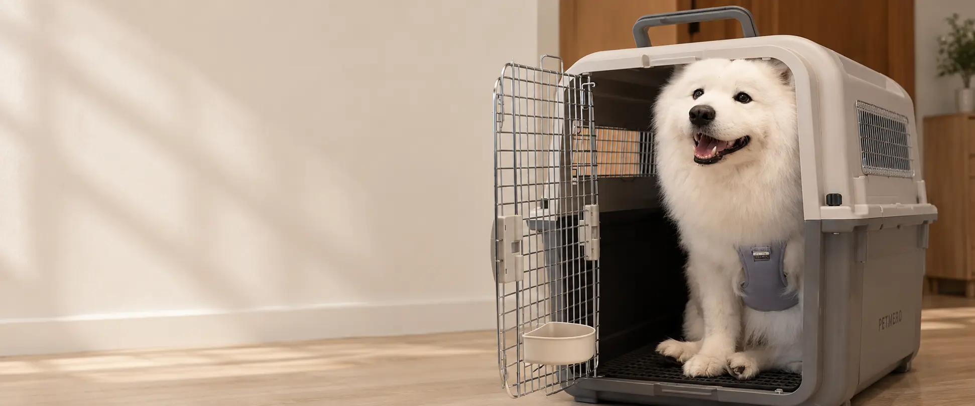 Small white dog inside a hard-shell pet travel carrier.
