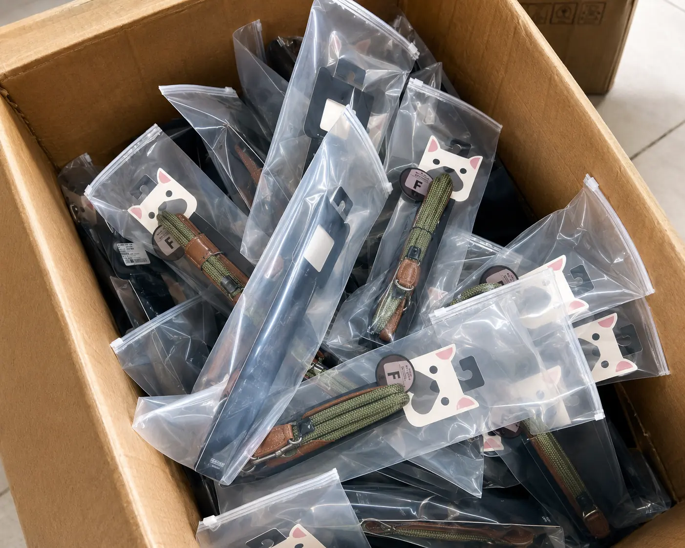 Individually bagged pet collars arranged inside a shipping carton.