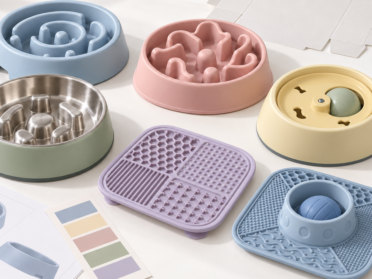 Close view of pet slow feeder bowls, a roller-ball feeder and a lick mat arranged for sample review.