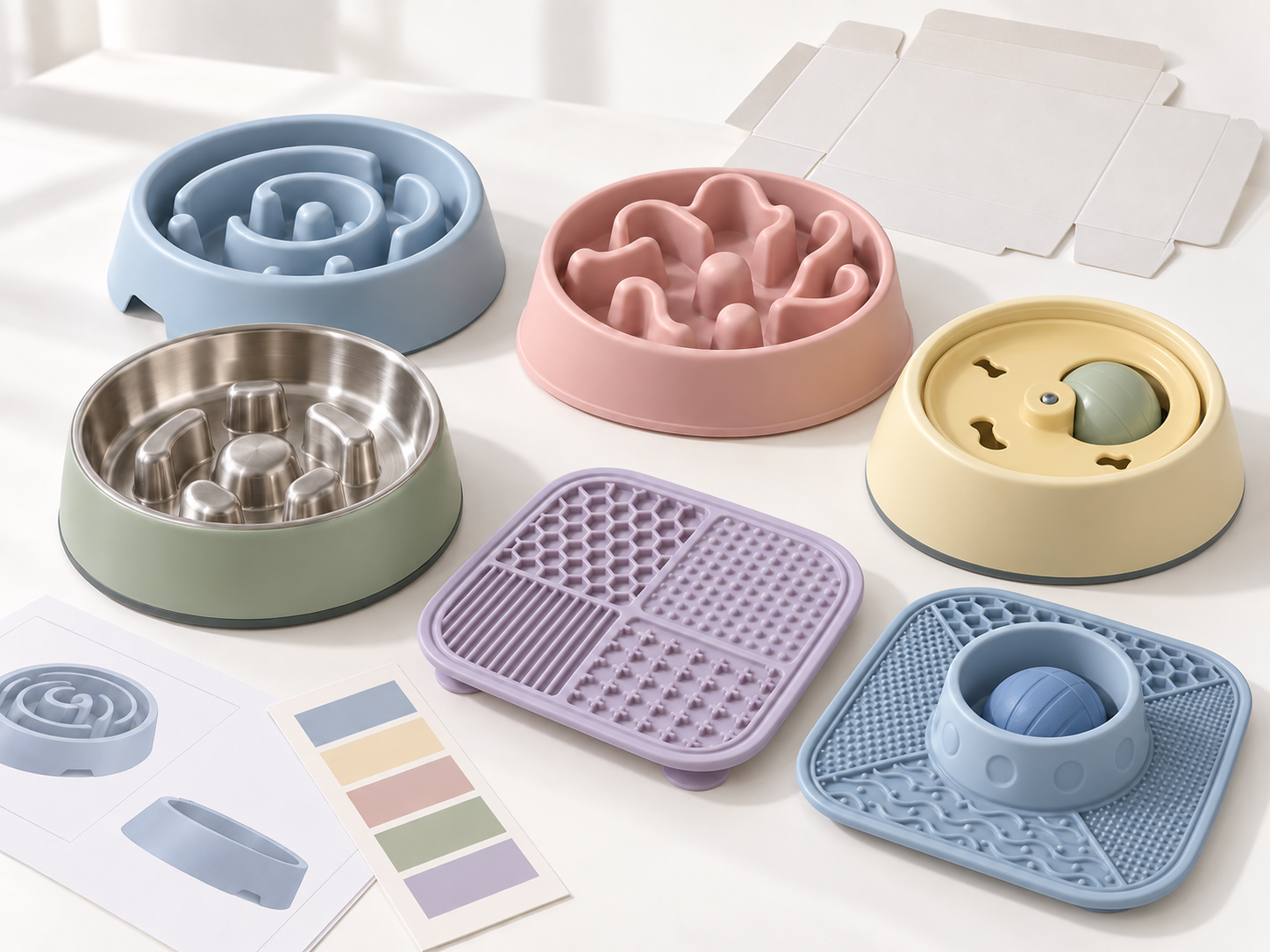 Pet slow feeder bowls, a roller-ball feeder and a lick mat beside sample sheets and color swatches.