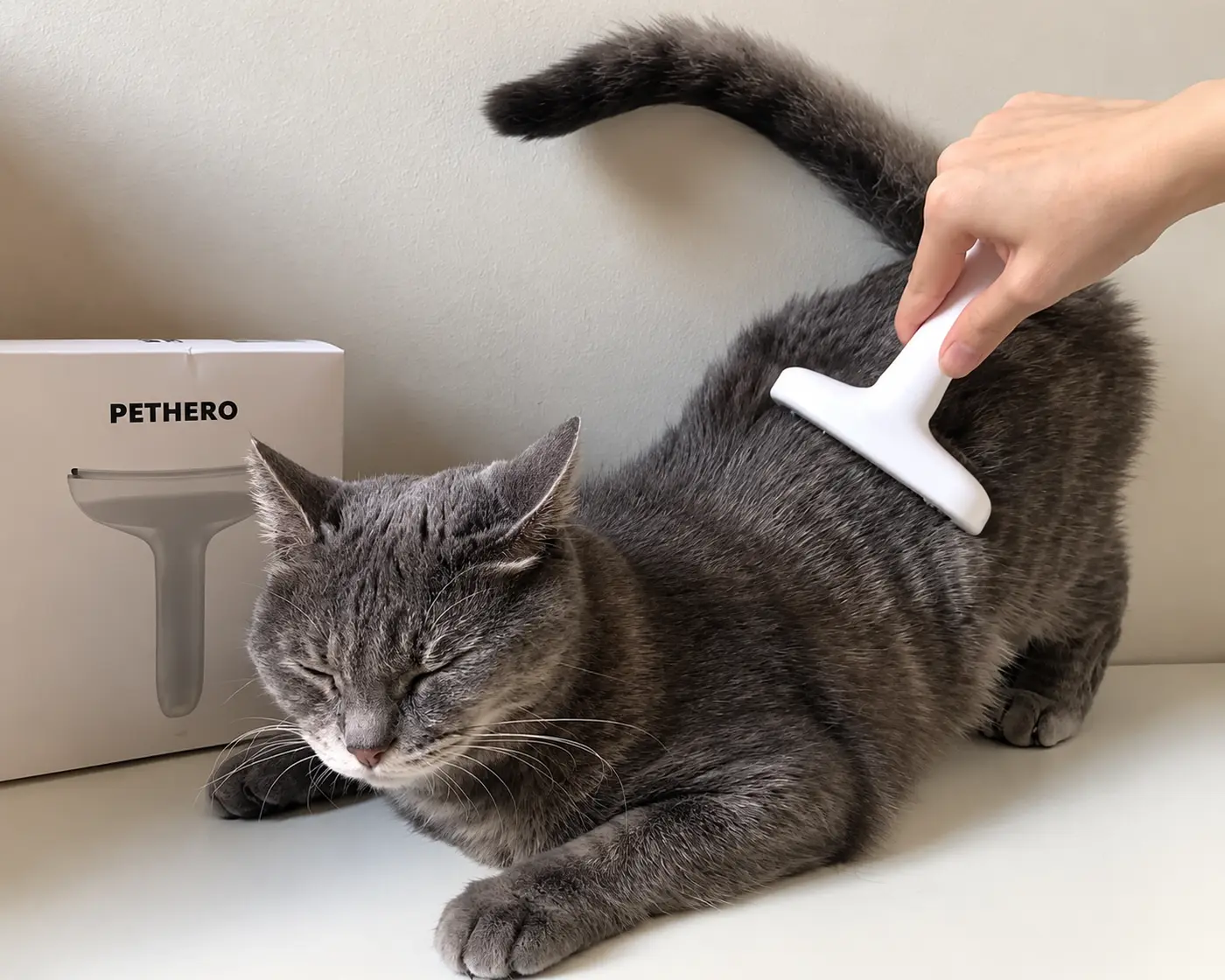 Cat being groomed with a pet grooming comb.