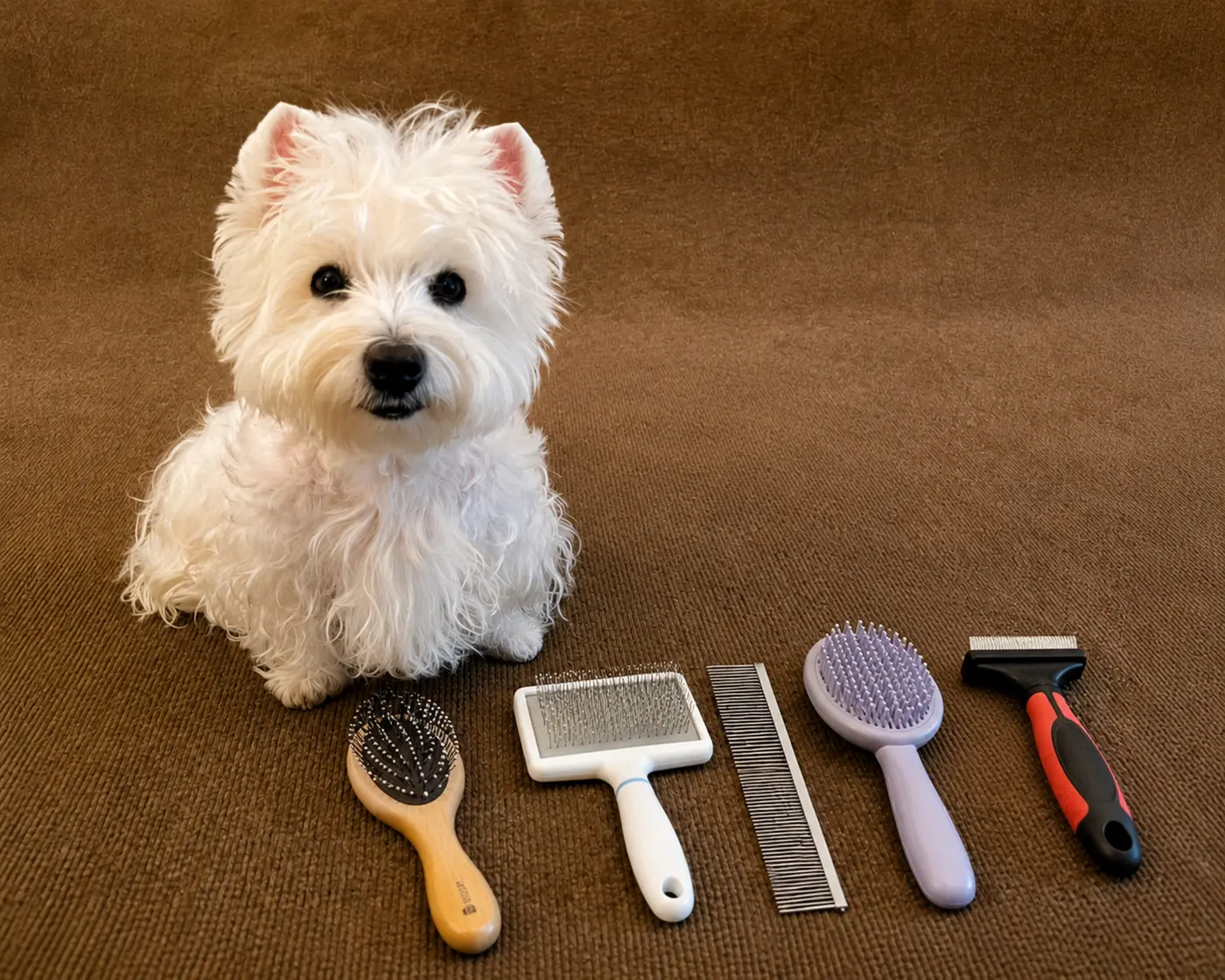 Dog with pet grooming comb styles and a manual nail clipper.
