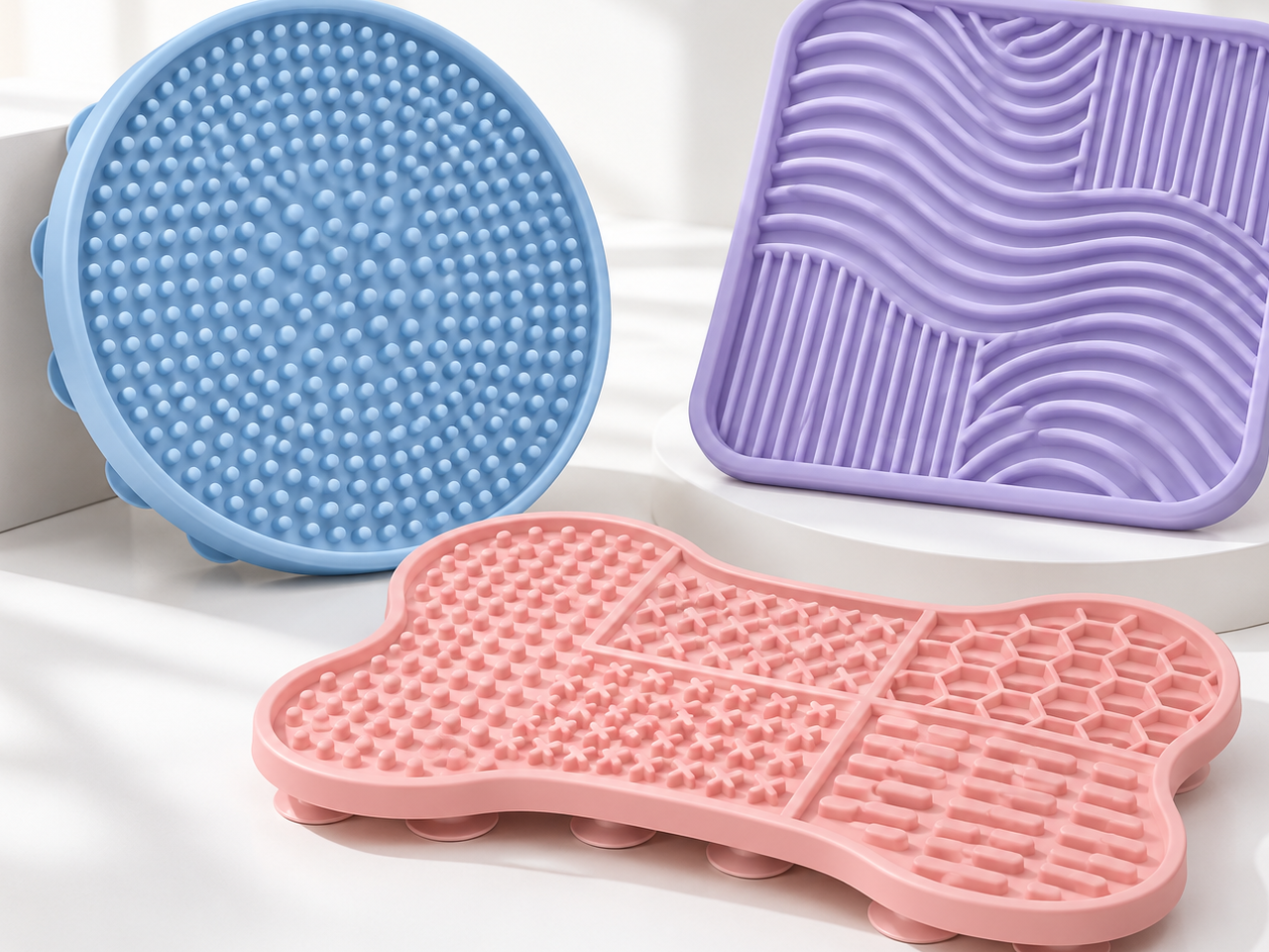 Close view of blue round, purple square and pink bone-shaped pet lick mats.