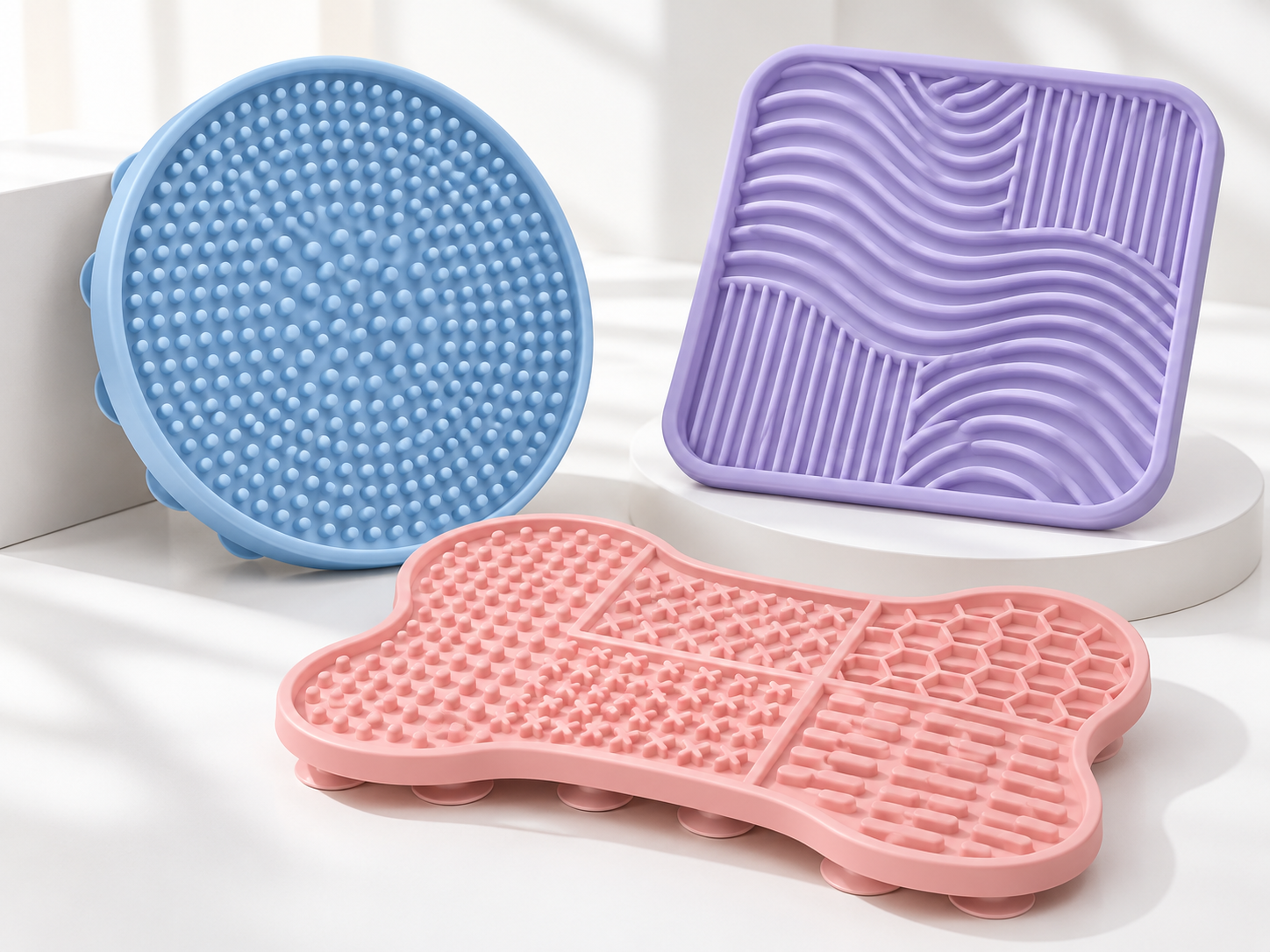 Blue round, purple square and pink bone-shaped pet lick mats with different raised textures.