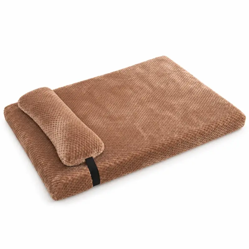 Brown rectangular pet mat with a raised end