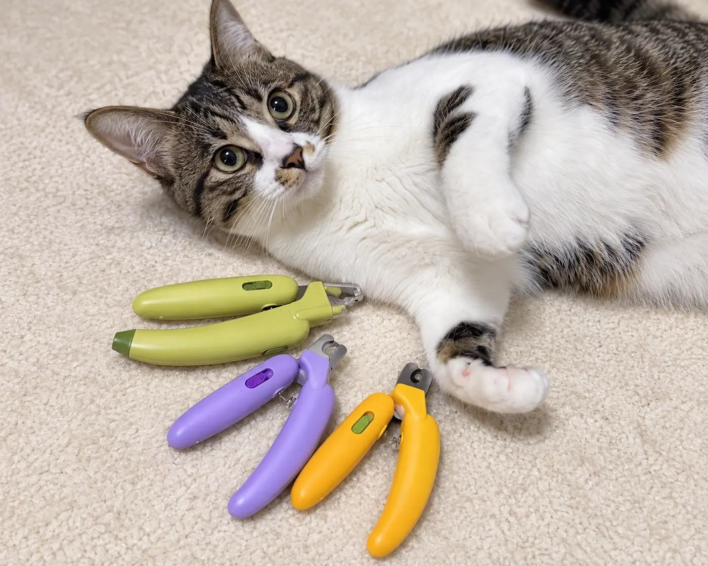 Cat beside colorful pet nail clippers.