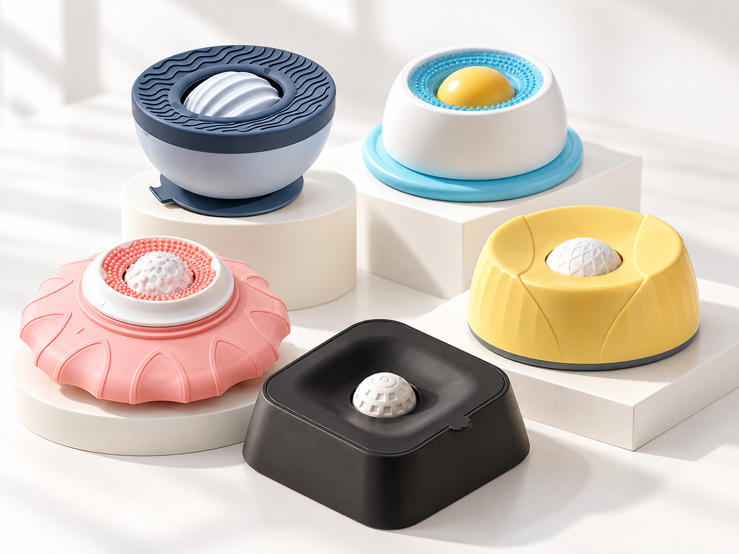 Five roller-ball pet feeders with round or square bodies and textured center balls.