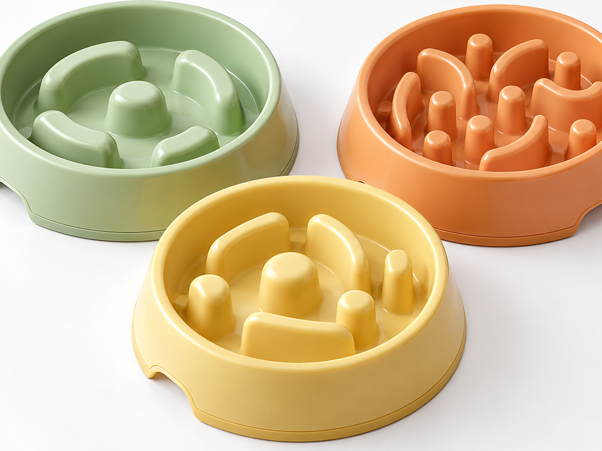 Close view of green, orange and yellow pet slow feeder bowls with raised feeding barriers.